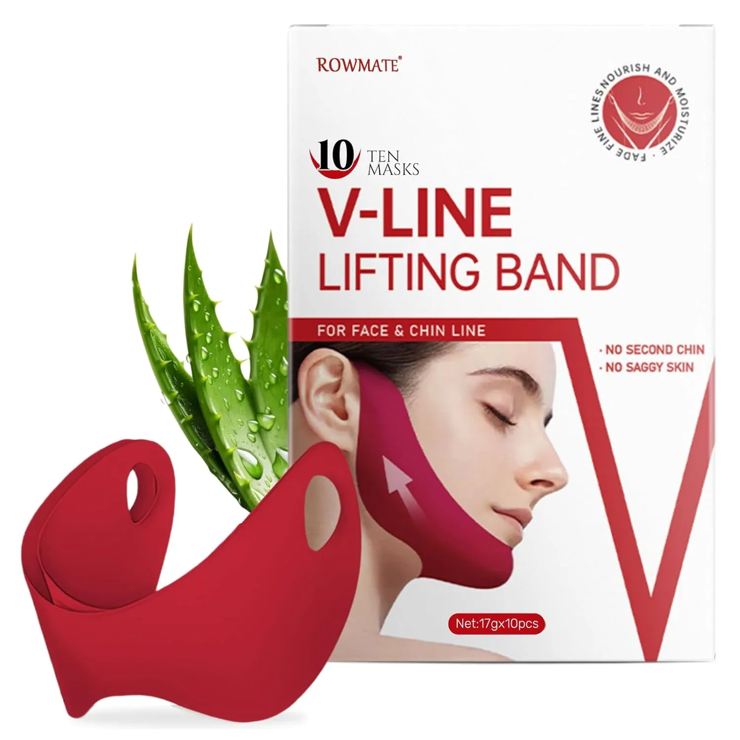 10 pcs Chin Strap for Women,Toning Hydrogel Collagen Mask with Hyaluronic Acid & Aloe Vera, red