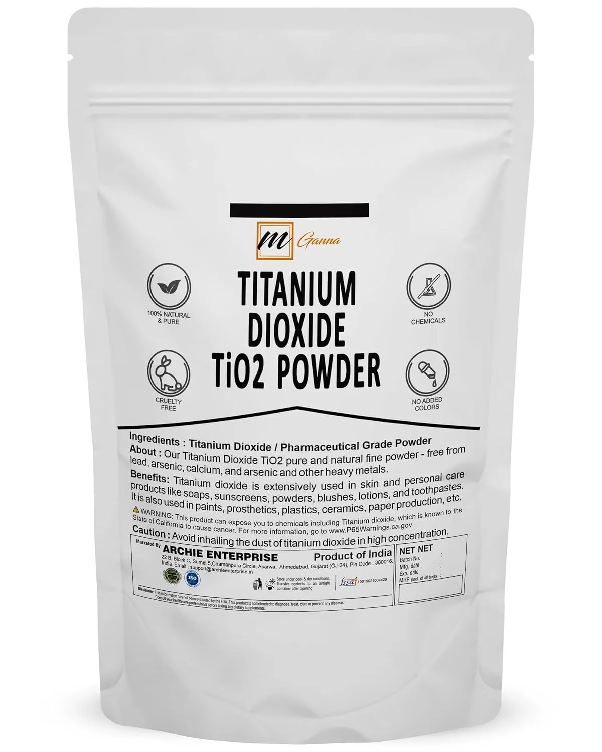 100% Natural Non-Nano & Uncoated Titanium Dioxide Powder for Skin Hair and Health Care 1 LBS / 454 GMS
