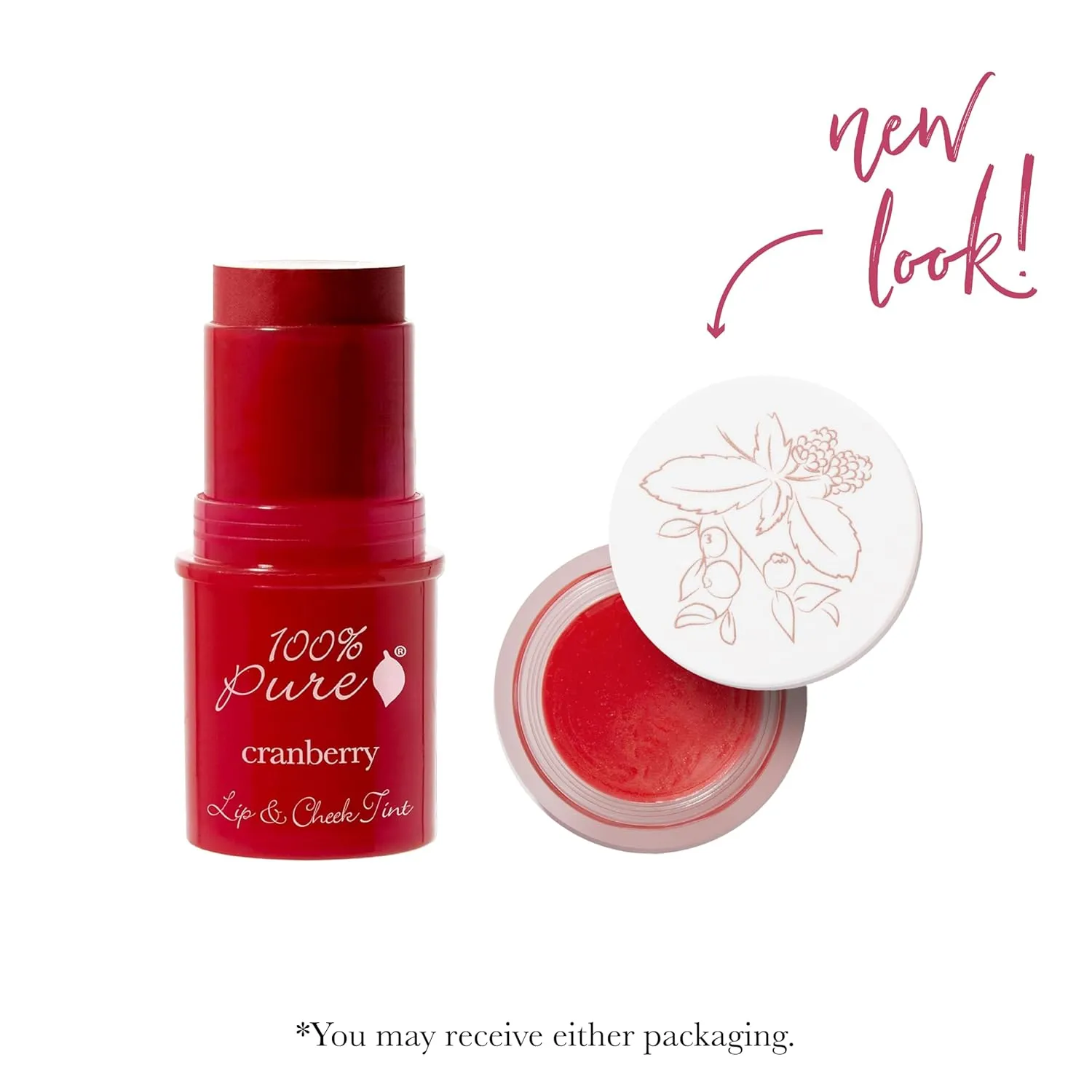100% PURE Lip & Cheek Tint (Fruit Pigmented), Cranberry Glow, Long Lasting Lip and Blush Stick, Natural Makeup, Lip Tint, Cream Blush (True Cranberry Red Color) - 0.26 Oz