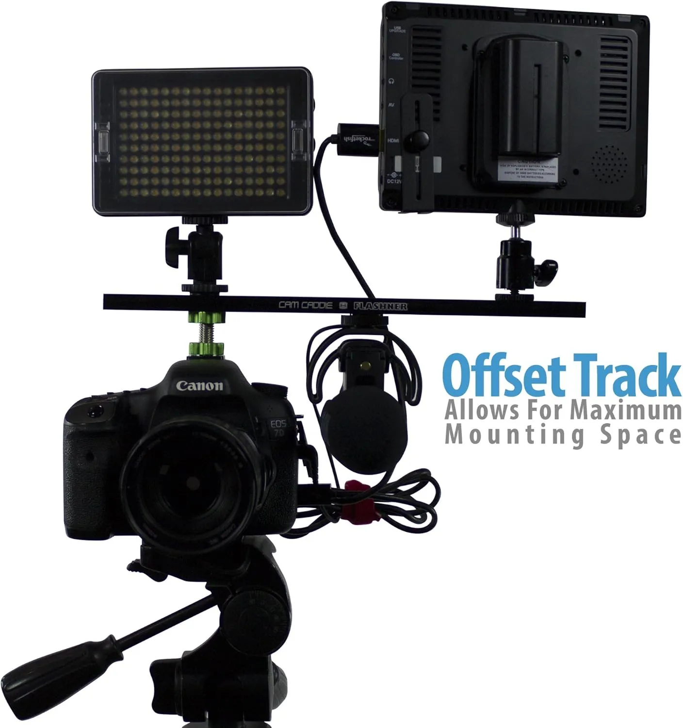 12 Inch Cold Shoe Extension Bracket - Dual Sided Camera Flash Mount with D-Flashner Adapter by Cam Caddie - Black / Green