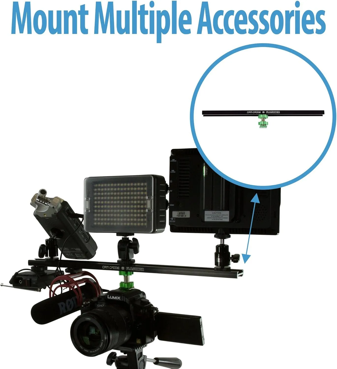 12 Inch Cold Shoe Extension Bracket - Dual Sided Camera Flash Mount with D-Flashner Adapter by Cam Caddie - Black / Green