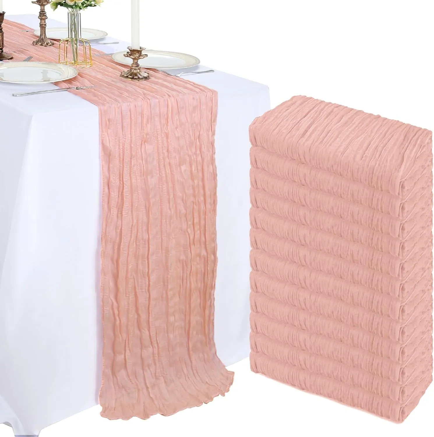 12 Pack 10FT Blush Pink Cheesecloth Table Runner 120 Inch Long Gauze Rustic Boho Cheese Cloth Table Runner Sheer Fabric for Wedding Party Birthday Bridal Baby Shower Summer Centerpiece Home Decor