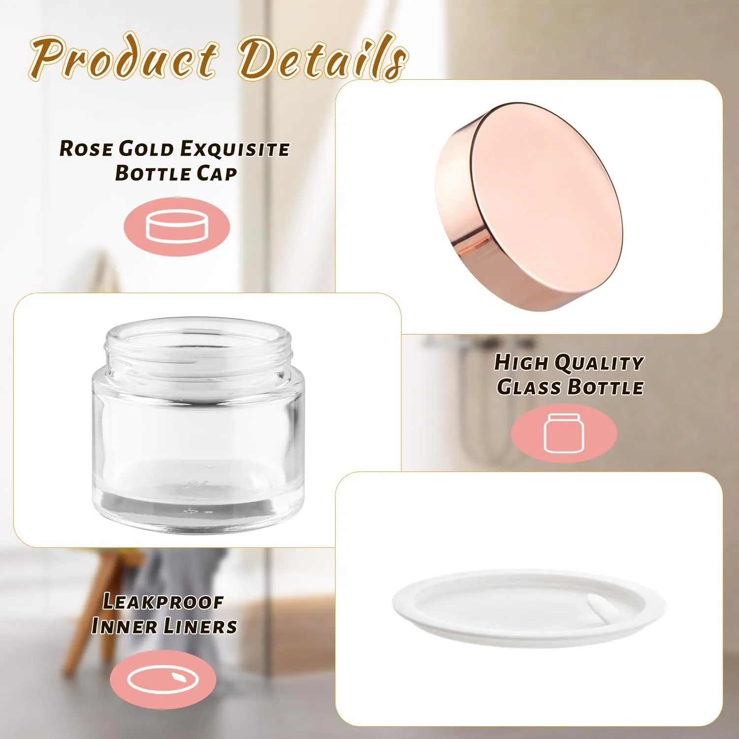12 Pcs 60g/2oz Glass Cosmetic Jars Refillable Cream Bottle Containers Empty Sample Vials Jar with Rose Gold Lid for Eye Cream Lotion Ointments Lip Balm Scrub - Clear