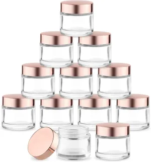 12 Pcs 60g/2oz Glass Cosmetic Jars Refillable Cream Bottle Containers Empty Sample Vials Jar with Rose Gold Lid for Eye Cream Lotion Ointments Lip Balm Scrub - Clear