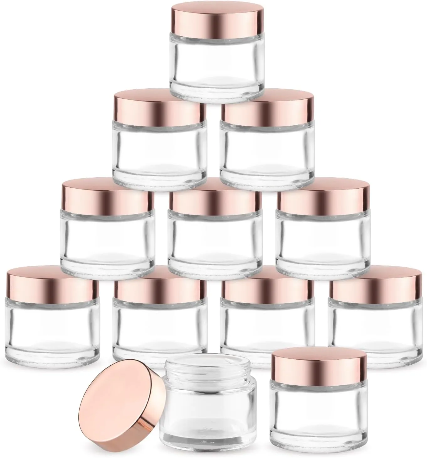 12 Pcs 60g/2oz Glass Cosmetic Jars Refillable Cream Bottle Containers Empty Sample Vials Jar with Rose Gold Lid for Eye Cream Lotion Ointments Lip Balm Scrub - Clear