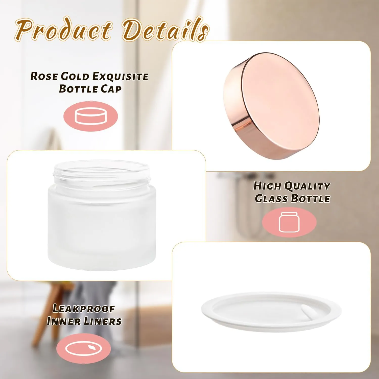 12 Pcs 60g/2oz Glass Cosmetic Jars Refillable Cream Bottle Containers Empty Sample Vials Jar with Rose Gold Lid for Eye Cream Lotion Ointments Lip Balm Scrub - Frosted