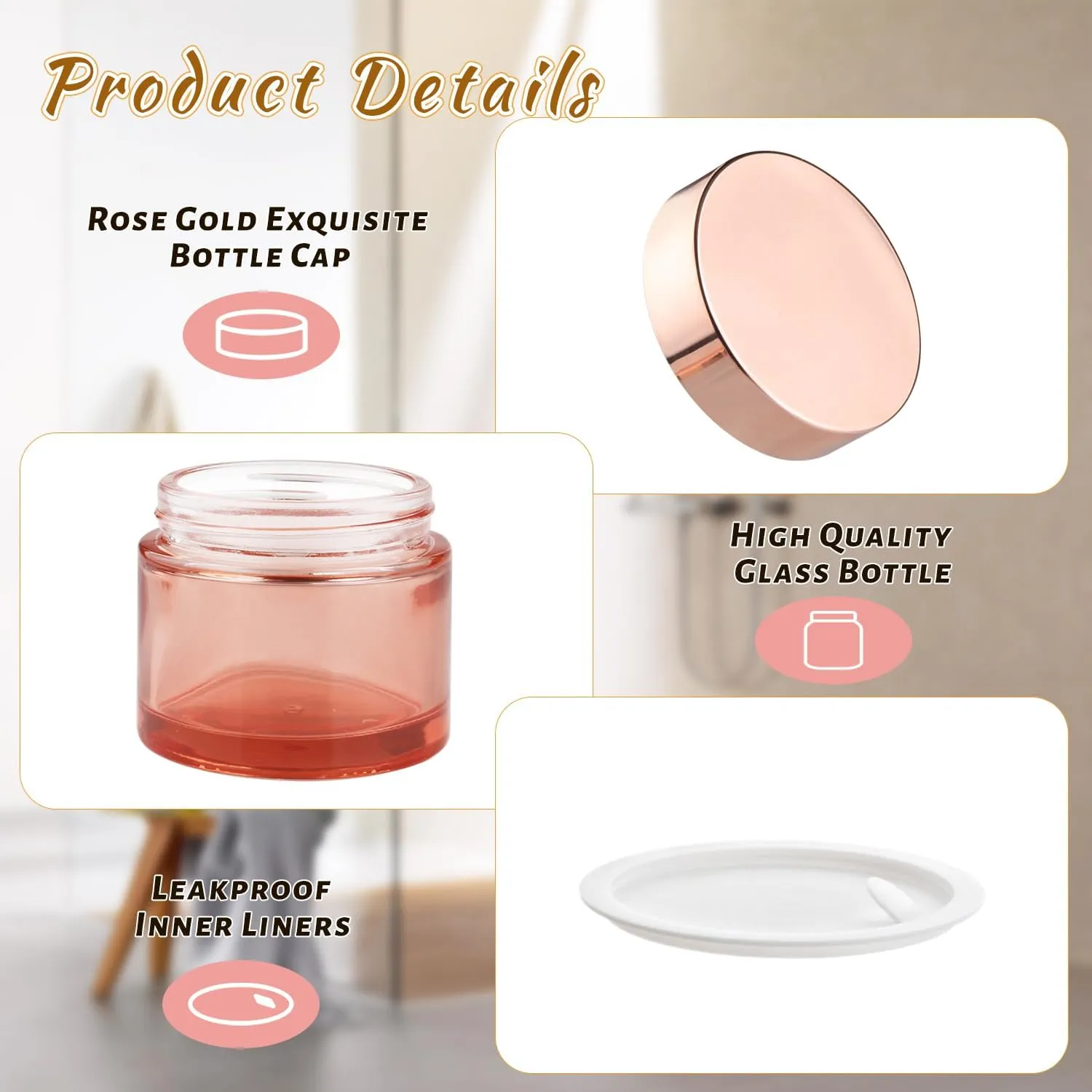 12 Pcs 60g/2oz Glass Cosmetic Jars Refillable Cream Bottle Containers Empty Sample Vials Jar with Rose Gold Lid for Eye Cream Lotion Ointments Lip Balm Scrub - Pink