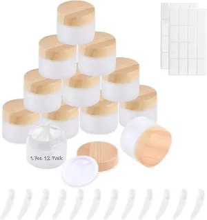 12 Pcs Glass Cosmetic Containers with Lids, 1.7oz Small Travel Jars, Refillable Empty Makeup Sample Jar with 12 Spatulas and 32 Labels, Round Frosted Glass Bottle for Cream Lotions Lip Balm Eyeshadow