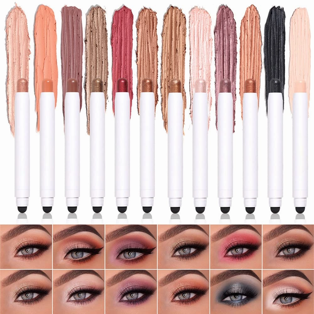 12 Pcs Eyeshadow Stick Makeup Set, Novobey Matte Shimmer Cream Eyeshadow Crayon, Eye Brightener Stick Pen, Waterproof Long Lasting Eye Shadow Highlighter Crayon for Women Girls