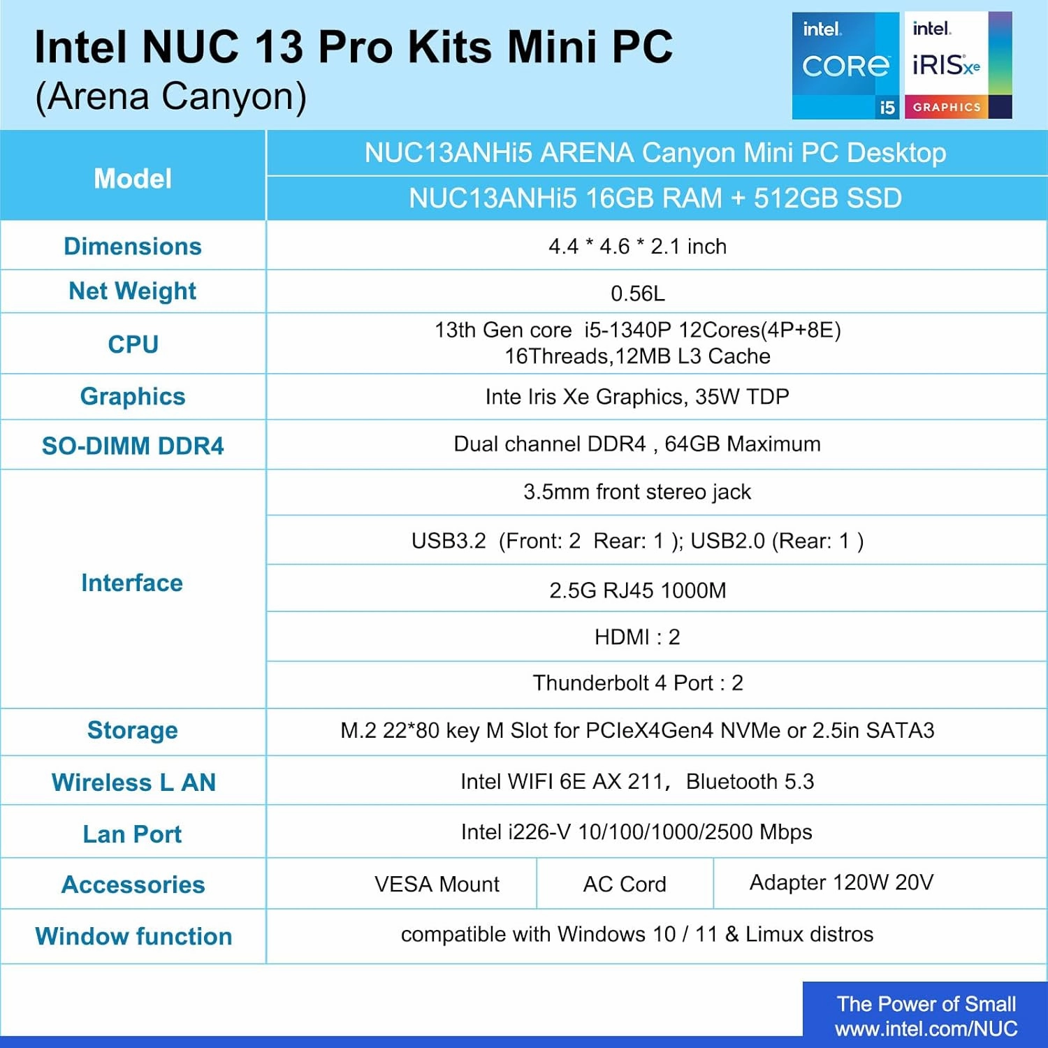 2023 Intel NUC 13 Pro,NUC13ANHi5 Versatile Mini PC 16GB RAM&512GB SSD with Core i5-1340 Processor (12Core&Up to 4.6GHz Turbo,Intel Iris Xe Graphics) Support 4K/WiFi6E/BT5.3/Win11 Pro preinstalled