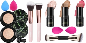 2 PCS Mushroom Head Air Cushion CC Cream Nature Foundation,3 Pcs Cream Contour Stick Makeup Kit, Shades with Highlighter Stick, Blush Stick and Bronzer Contour Stick