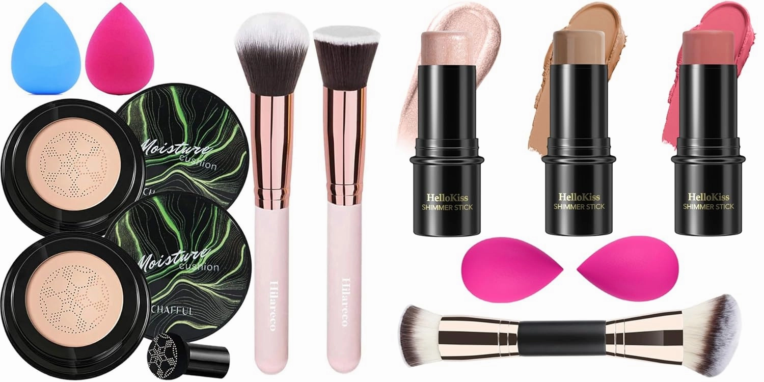 2 PCS Mushroom Head Air Cushion CC Cream Nature Foundation,3 Pcs Cream Contour Stick Makeup Kit, Shades with Highlighter Stick, Blush Stick and Bronzer Contour Stick