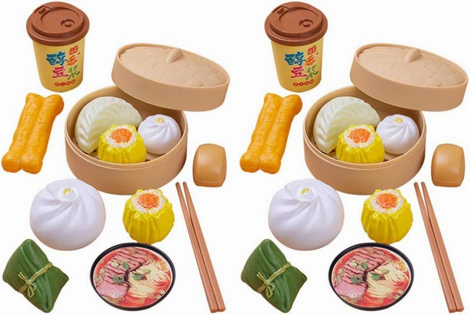 2 Sets Kids Pretend Play Toy Kitchen Cooking Toy Steamed Toy Food Chinese Breakfast Food Play Set Dollhouse Furniture (26Pcs)