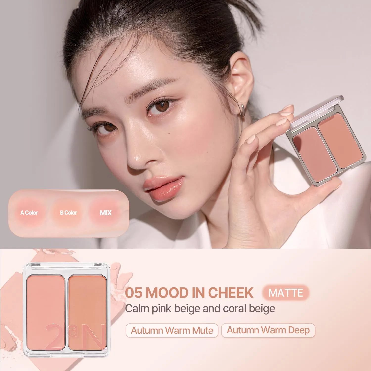 2aN Dual Color Face Blusher, Buildable & Blendable Cheek Color, Natural & Vibrant Finish, Long-Lasting Powder Blush, Blends Easily with Natural Skin Tones, Korean Beauty (05 Mood In Cheek)