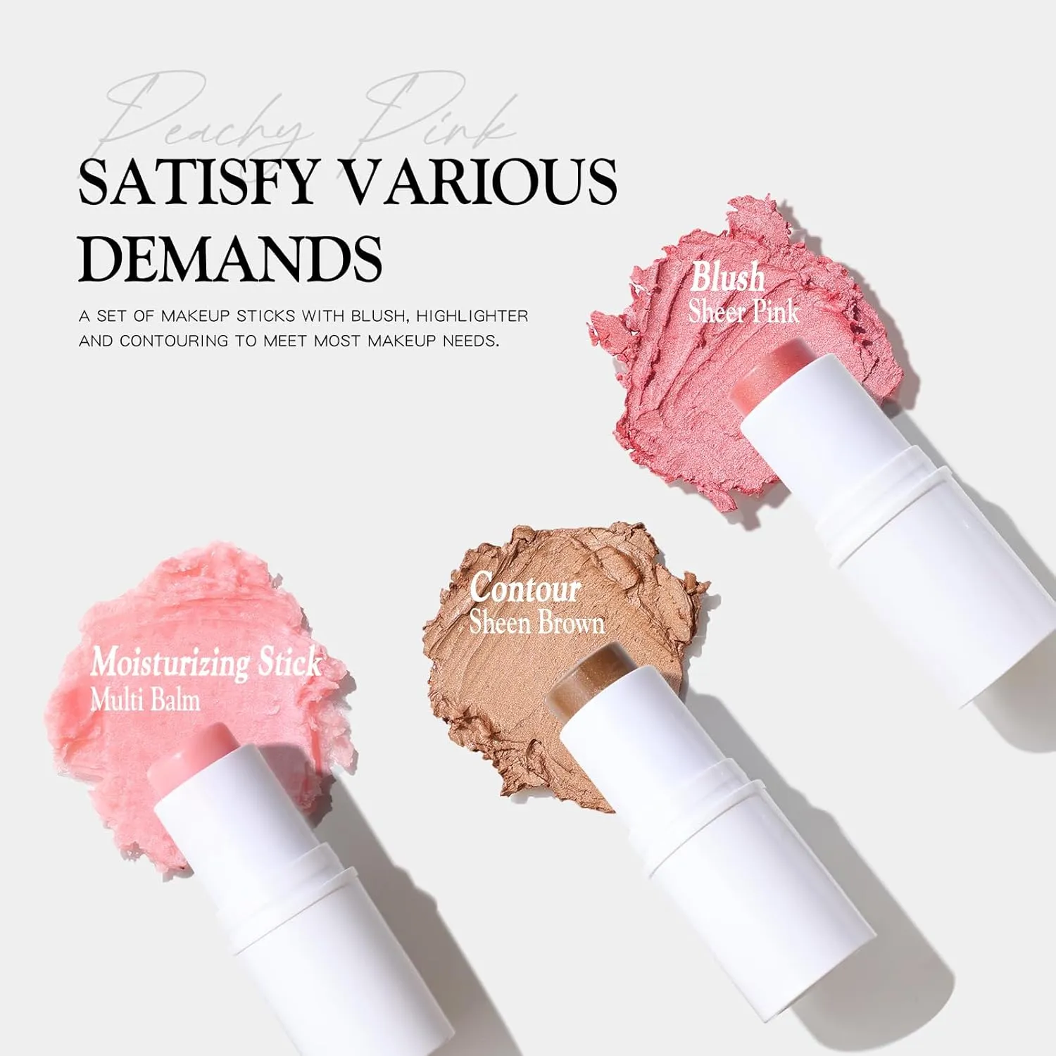 3 PCS Makeup Cream Contour Stick Set, Highlighter Stick & Bronzer Stick & Blush Stick, Long Lasting, Natural Face Contour, Dewy & Matte Finish, Multi Stick Trio for All Skin