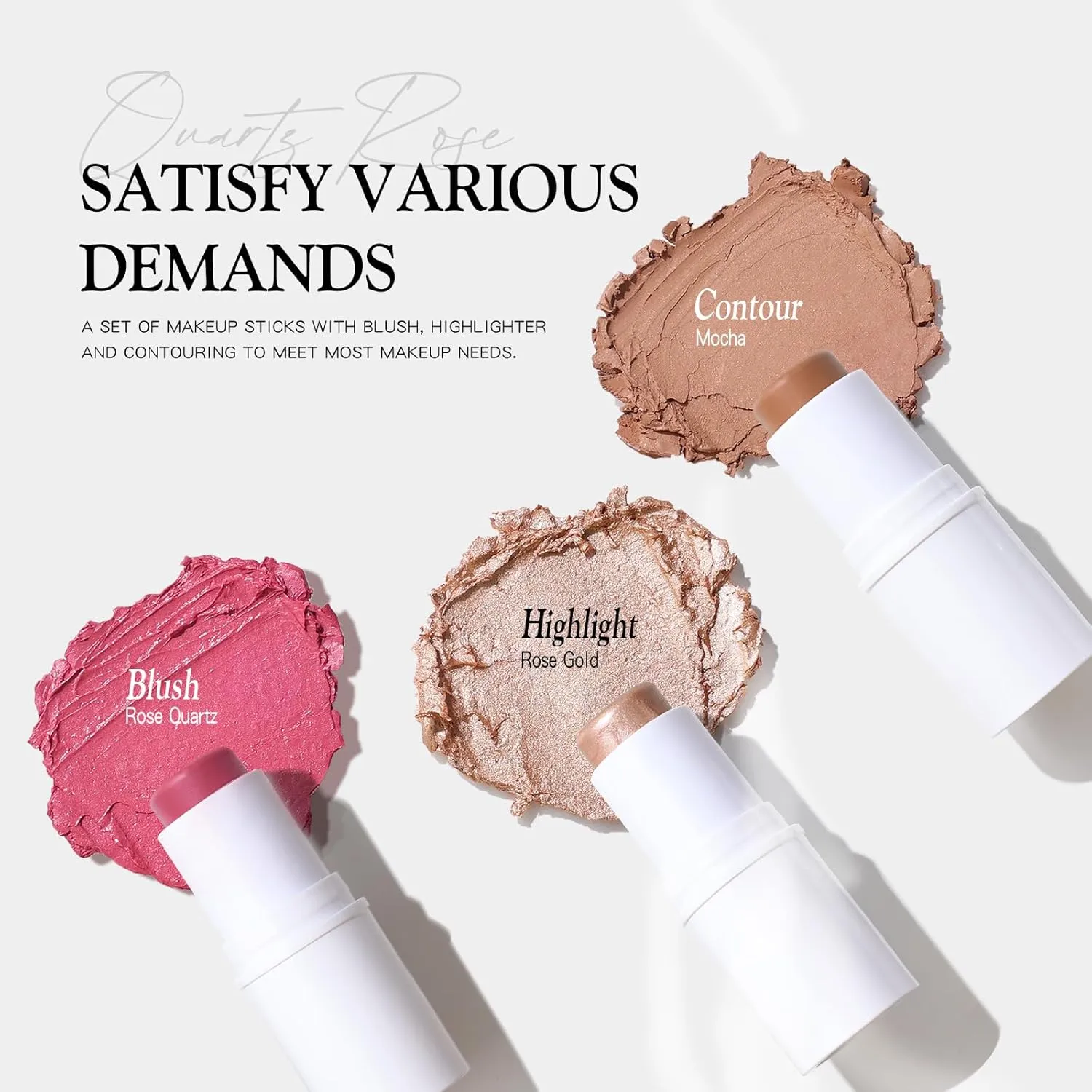 3 PCS Makeup Cream Contour Stick Set, Highlighter Stick & Bronzer Stick & Blush Stick, Long Lasting, Natural Face Contour, Dewy & Matte Finish, Multi Stick Trio for All Skin