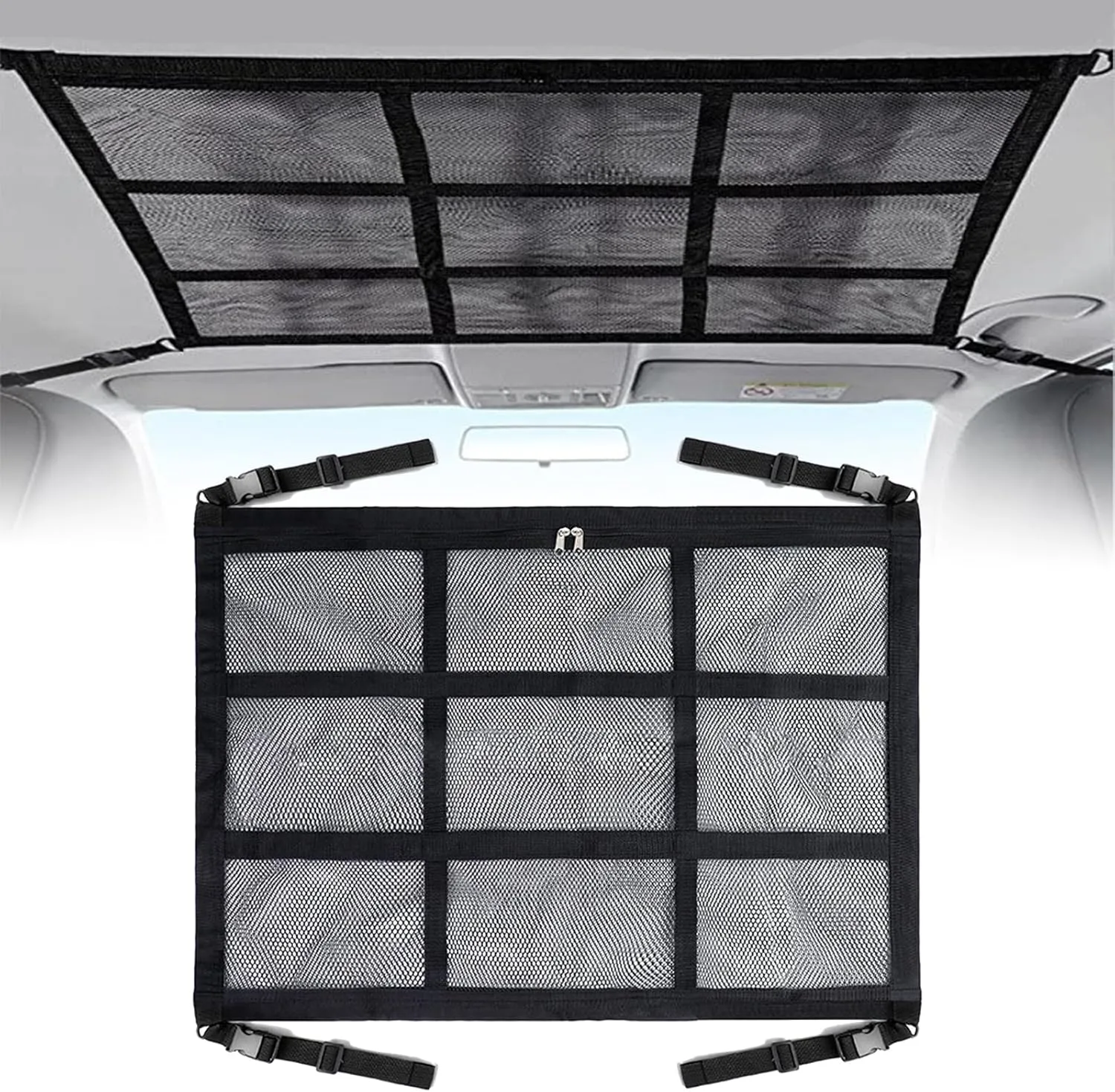 35.5 "x25.6 Car Ceiling Storage Organizer for SUV & Sedan - Heavy-Duty Overhead Mesh Net with Dual Zippers, Universal Auto Roof Storage Bag for Travel, Camping, Road Trips （Black1#）