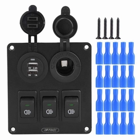 3 Gang Rocker Switch Panel Waterproof, Car Marine Combination LED Rocker Switch with Dual USB Cigarette Lighter Socket 12V / 24V for Car Boat Vehicles Truck Trailer