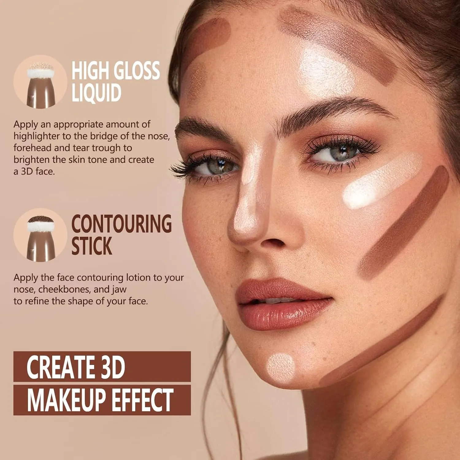 3PC Liquid Contour Blush Highlighter Beauty Wand Set - Smooth & Lightweight Contour Stick for Liquid Contour, Blush, Highlighter Application, Vegan & Cruelty-Free (01 02 05)