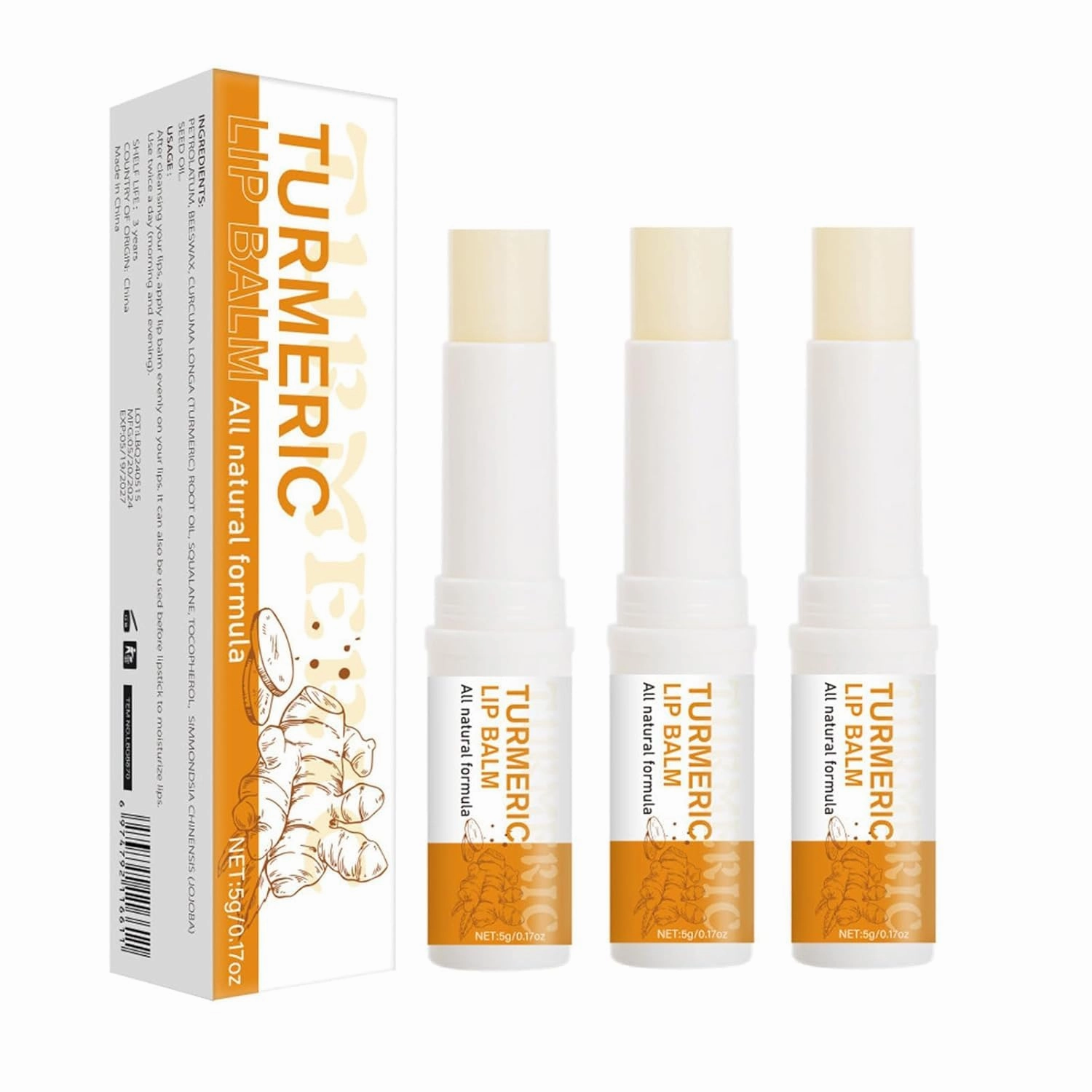 3PCS TXRDONY Turmeric Moisturizing Lip Balm Hydrating, Lip Balms & Moisturizers Lock In Moisture and Keep Lips Soft and Smooth & Moisturize for Dry Lips, Lip Care Products