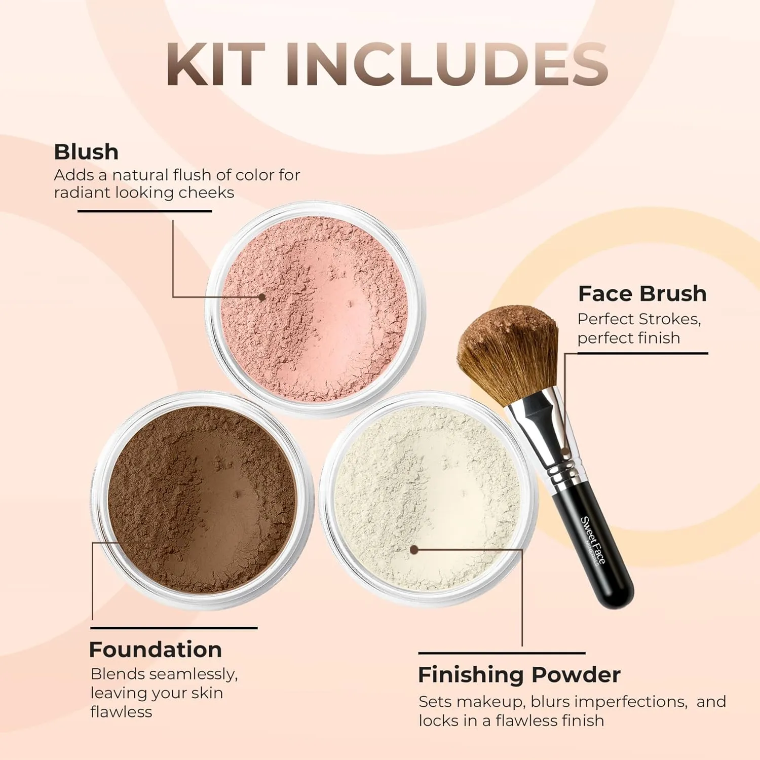 4pc KIT w/FACE BRUSH (EBONY) Mineral Makeup Matte Foundation Set Bare Skin Sheer Blush Illuminating Finishing Powder Cover