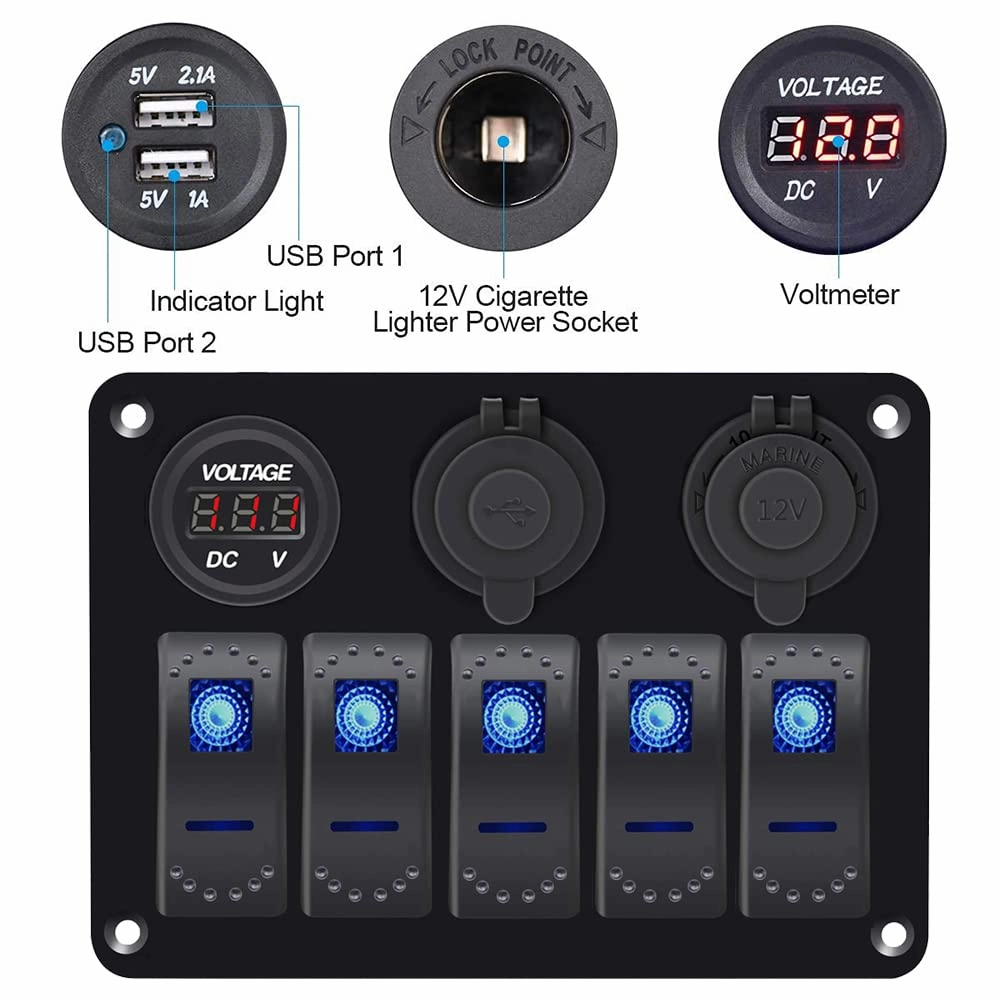 5 Gang Marine Switch Panel - Waterproof Boat Switch Panel with 3.1A Dual USB, LED Voltmeter & Cigarette Lighter Socket for Boats, Trucks, RVs, SUVs