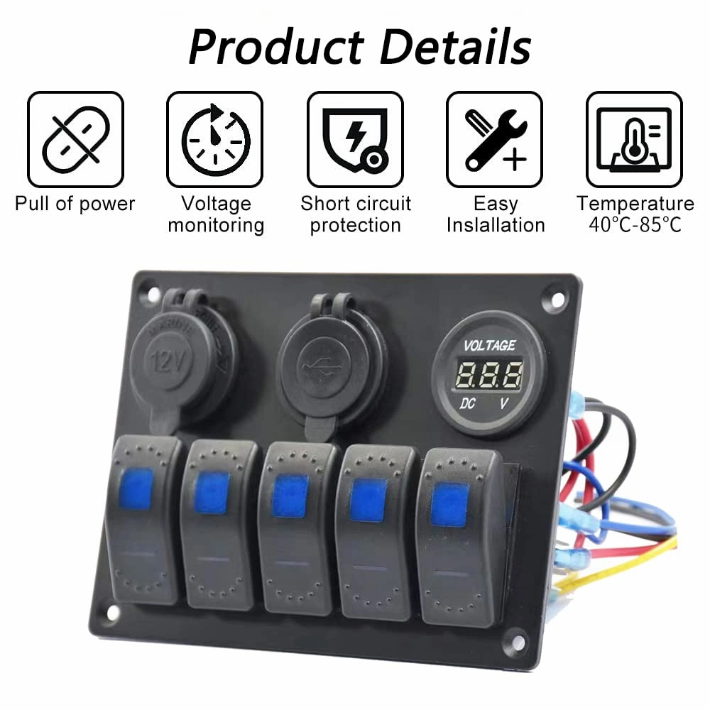 5 Gang Marine Switch Panel - Waterproof Boat Switch Panel with 3.1A Dual USB, LED Voltmeter & Cigarette Lighter Socket for Boats, Trucks, RVs, SUVs