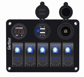 5 Gang Marine Switch Panel - Waterproof Boat Switch Panel with 3.1A Dual USB, LED Voltmeter & Cigarette Lighter Socket for Boats, Trucks, RVs, SUVs