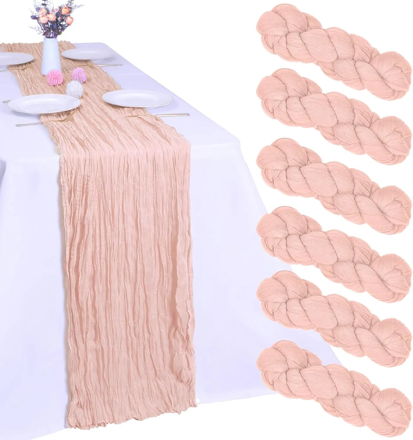 6 Pack Blush Pink Cheesecloth Summer Table Runner 10FT Boho Gauze Fabric Table Runner 35 x 120 Inch Rustic Sheer Runner for Mother's Day Wedding Birthday Baby Shower Party Table Decoration
