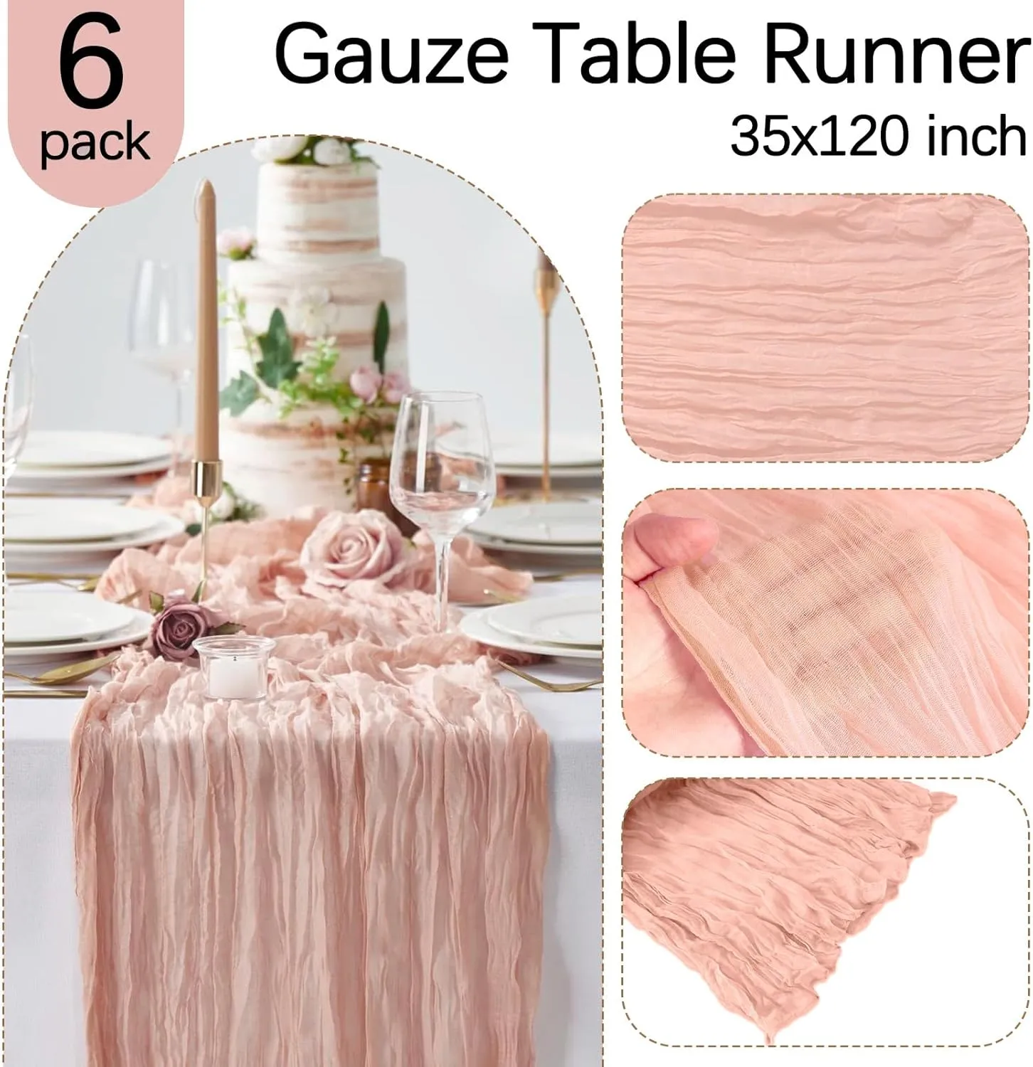 6 Pack Blush Pink Cheesecloth Summer Table Runner 10FT Boho Gauze Fabric Table Runner 35 x 120 Inch Rustic Sheer Runner for Mother's Day Wedding Birthday Baby Shower Party Table Decoration
