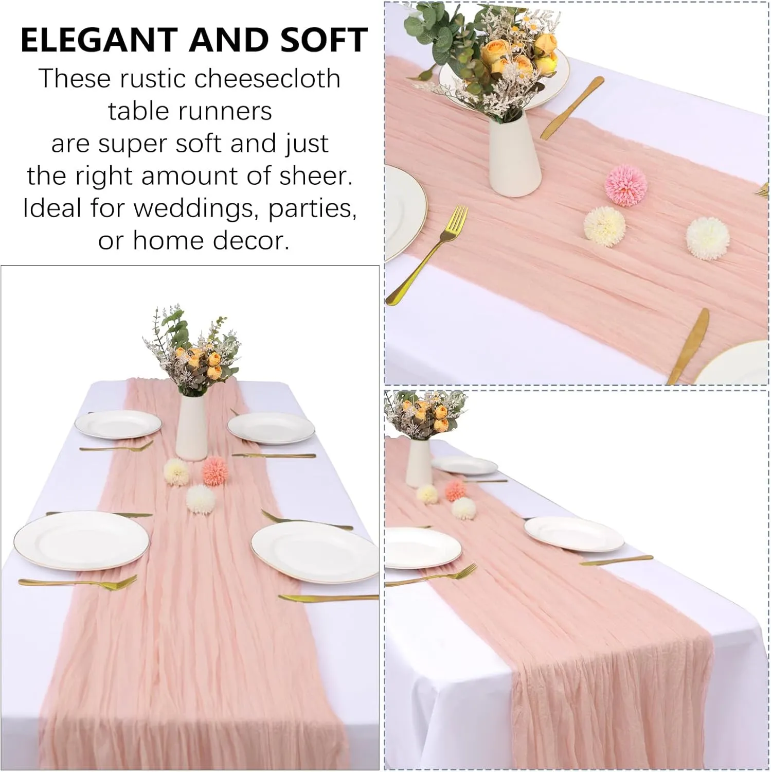 6 Pack Blush Pink Cheesecloth Summer Table Runner 10FT Boho Gauze Fabric Table Runner 35 x 120 Inch Rustic Sheer Runner for Mother's Day Wedding Birthday Baby Shower Party Table Decoration