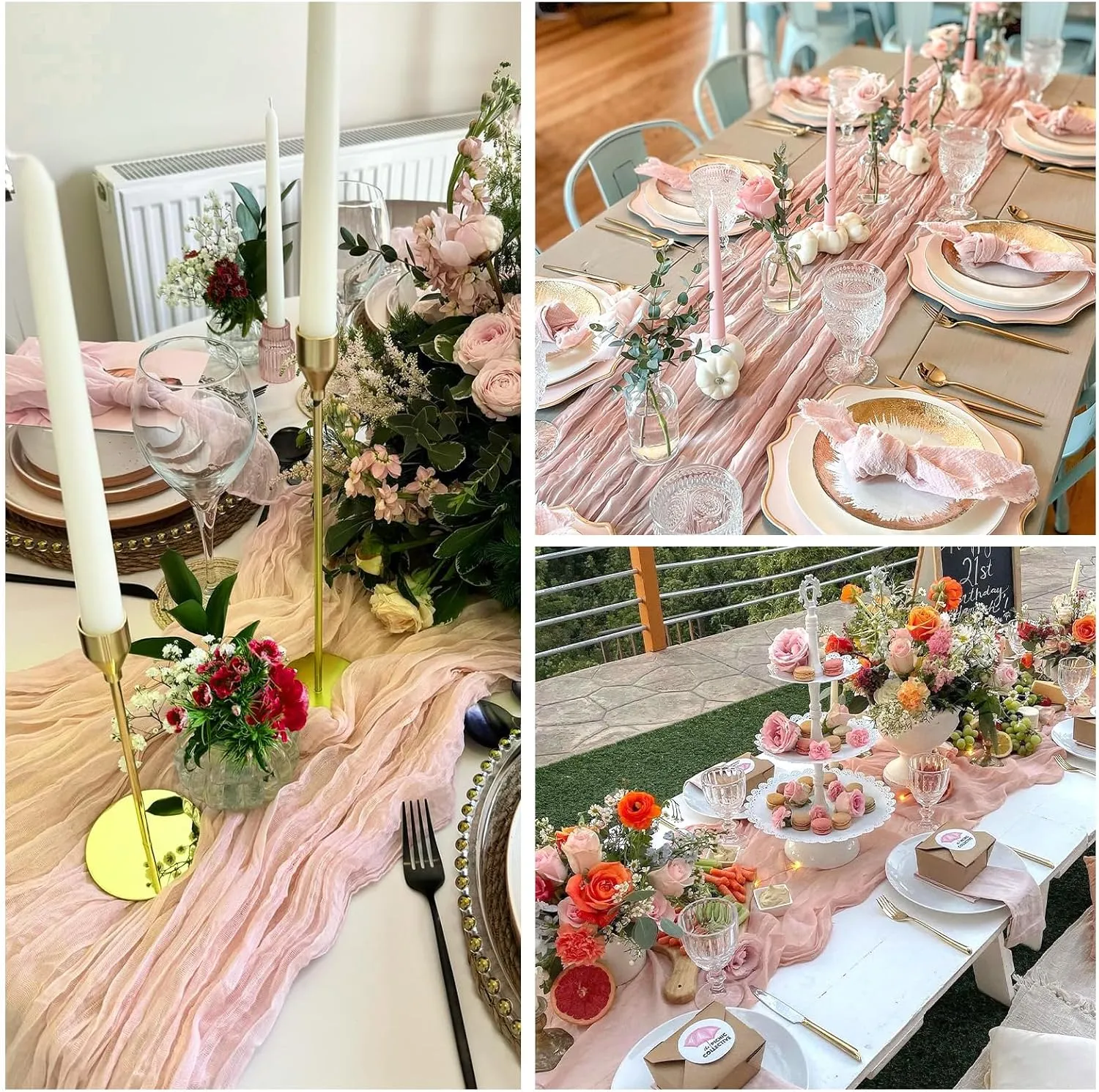 6 Pack Blush Pink Cheesecloth Summer Table Runner 10FT Boho Gauze Fabric Table Runner 35 x 120 Inch Rustic Sheer Runner for Mother's Day Wedding Birthday Baby Shower Party Table Decoration