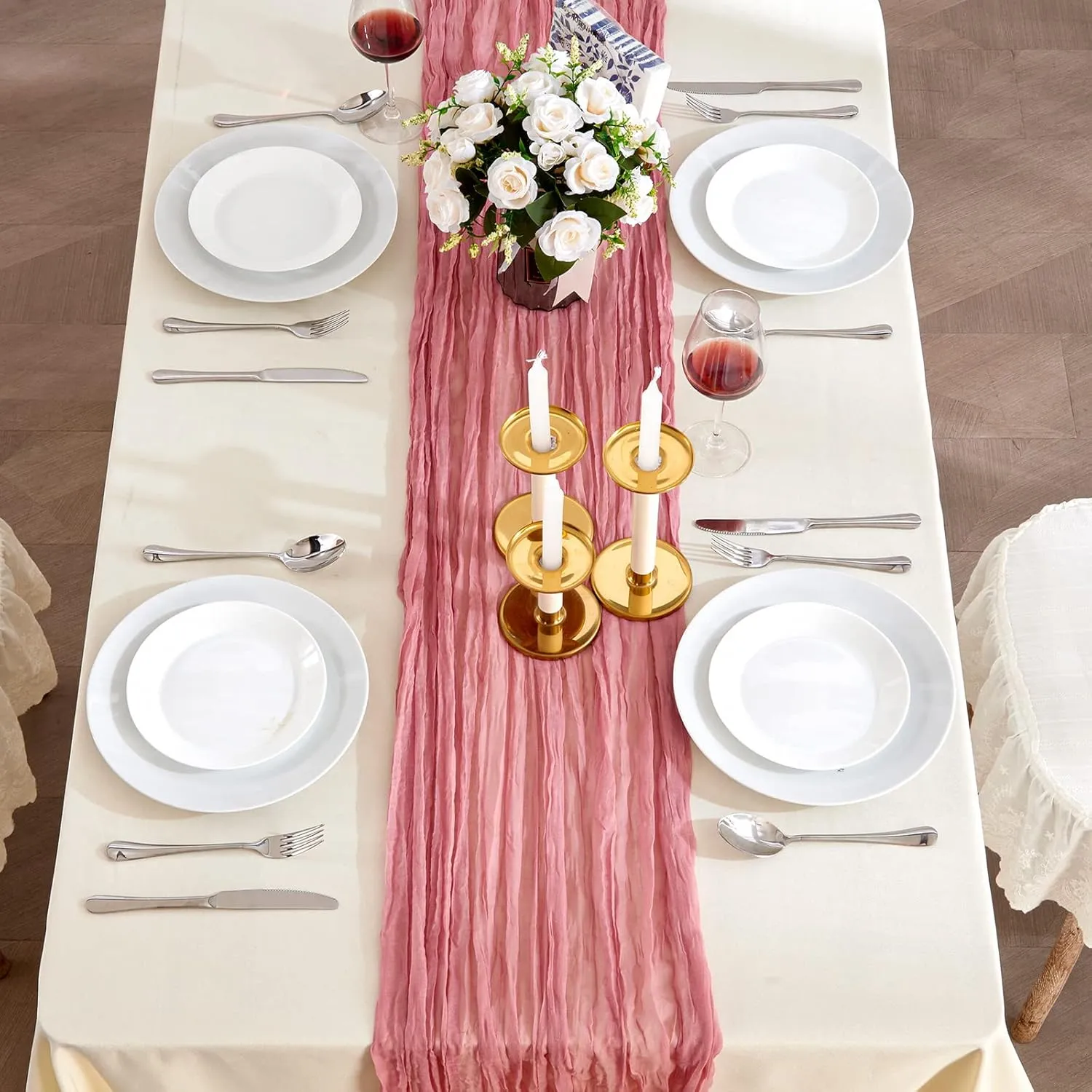 6 Pack Dusty Blush Cheesecloth Table Runners, 10ft Wide Gauze Boho Table Runners for Bridal Shower Wedding Birthday Party Table Decorations