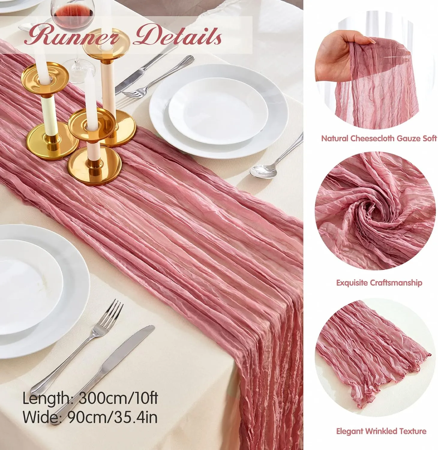 6 Pack Dusty Blush Cheesecloth Table Runners, 10ft Wide Gauze Boho Table Runners for Bridal Shower Wedding Birthday Party Table Decorations