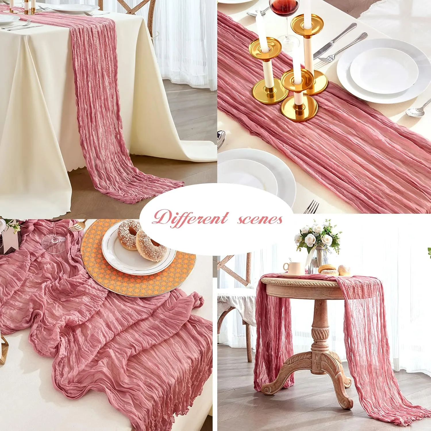 6 Pack Dusty Blush Cheesecloth Table Runners, 10ft Wide Gauze Boho Table Runners for Bridal Shower Wedding Birthday Party Table Decorations