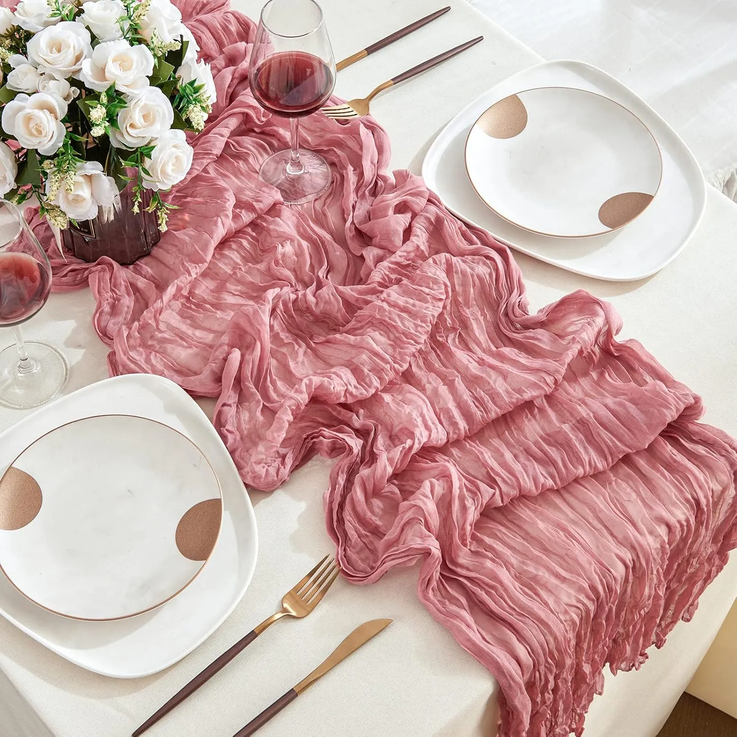 6 Pack Dusty Blush Cheesecloth Table Runners, 10ft Wide Gauze Boho Table Runners for Bridal Shower Wedding Birthday Party Table Decorations