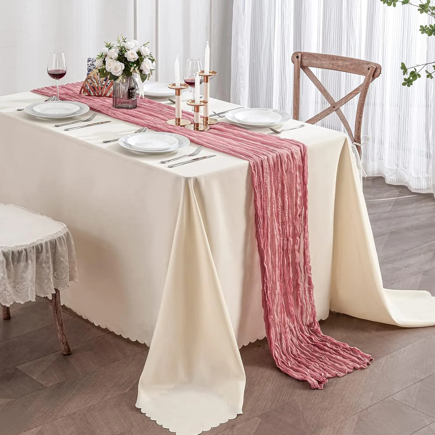 6 Pack Dusty Blush Cheesecloth Table Runners, 10ft Wide Gauze Boho Table Runners for Bridal Shower Wedding Birthday Party Table Decorations