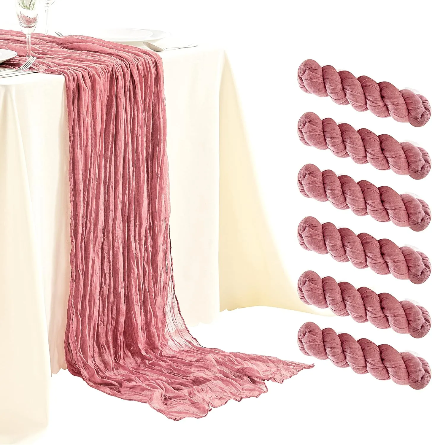 6 Pack Dusty Blush Cheesecloth Table Runners, 10ft Wide Gauze Boho Table Runners for Bridal Shower Wedding Birthday Party Table Decorations