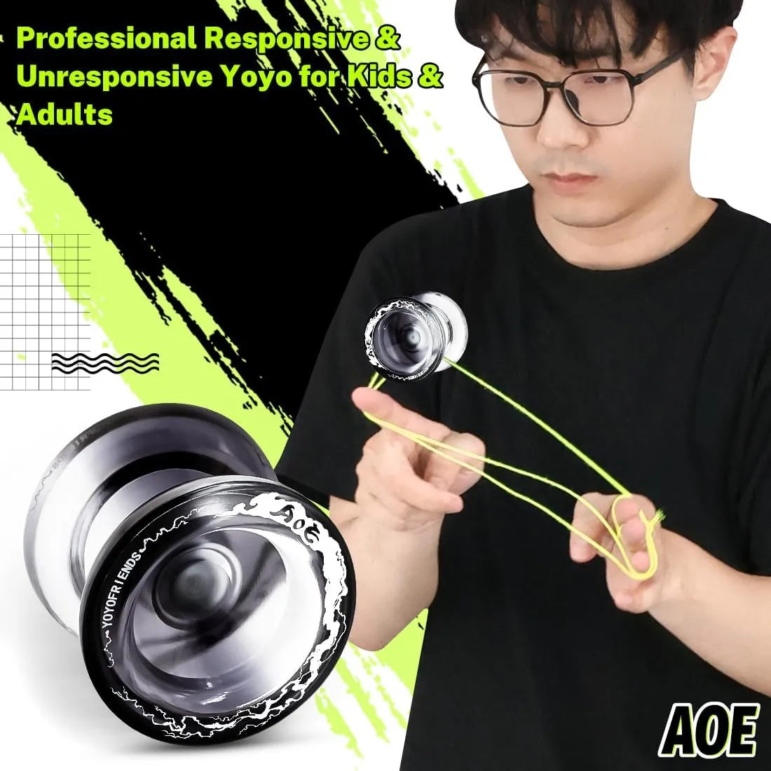 7YO AOE Responsive Yoyo - Professional Dual Function Yoyo for Kids, Plastic Crystal Yo-yo with Finger Dimple, Bearing Kits, 10 Yo Yo Strings, Bag (Black and White)