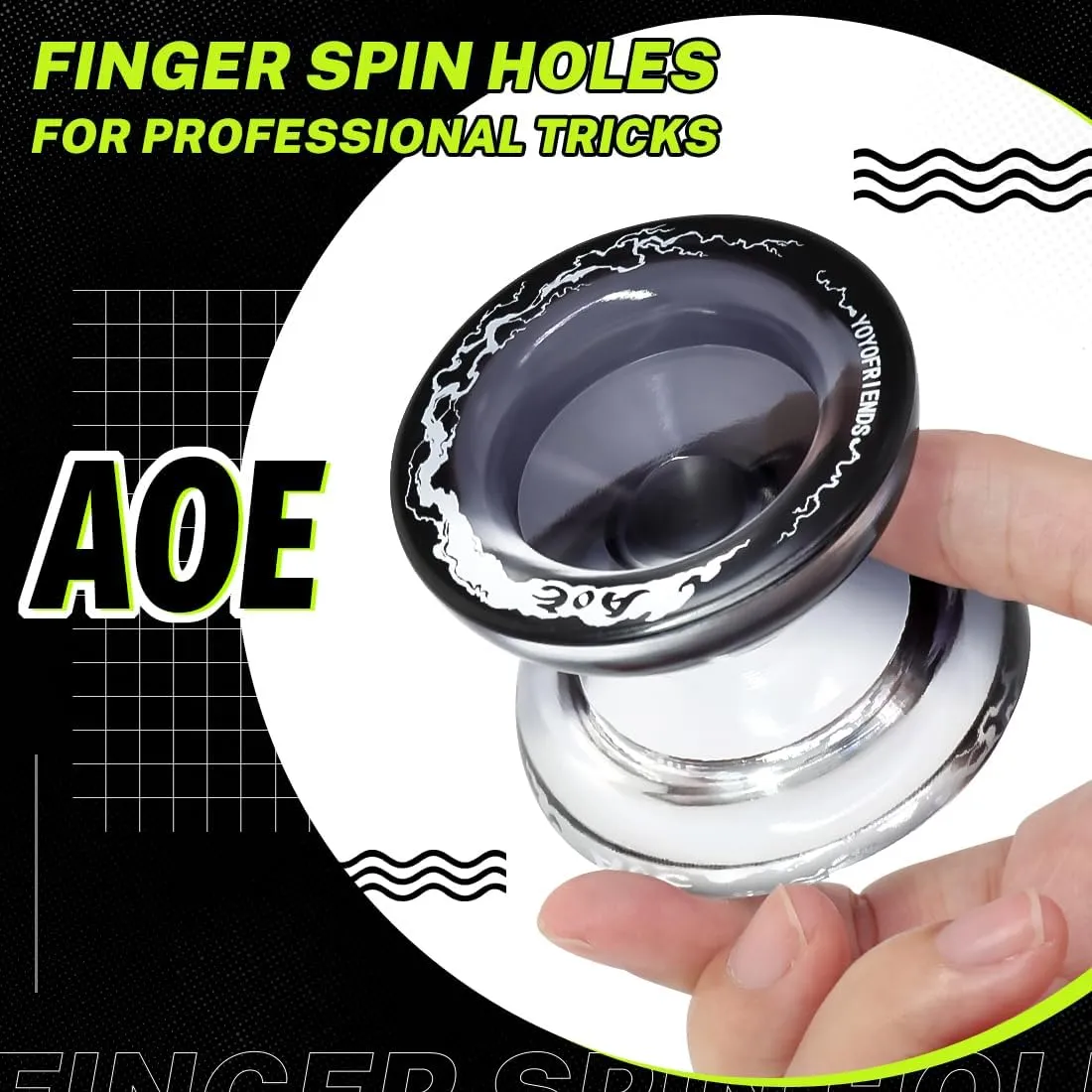 7YO AOE Responsive Yoyo - Professional Dual Function Yoyo for Kids, Plastic Crystal Yo-yo with Finger Dimple, Bearing Kits, 10 Yo Yo Strings, Bag (Black and White)