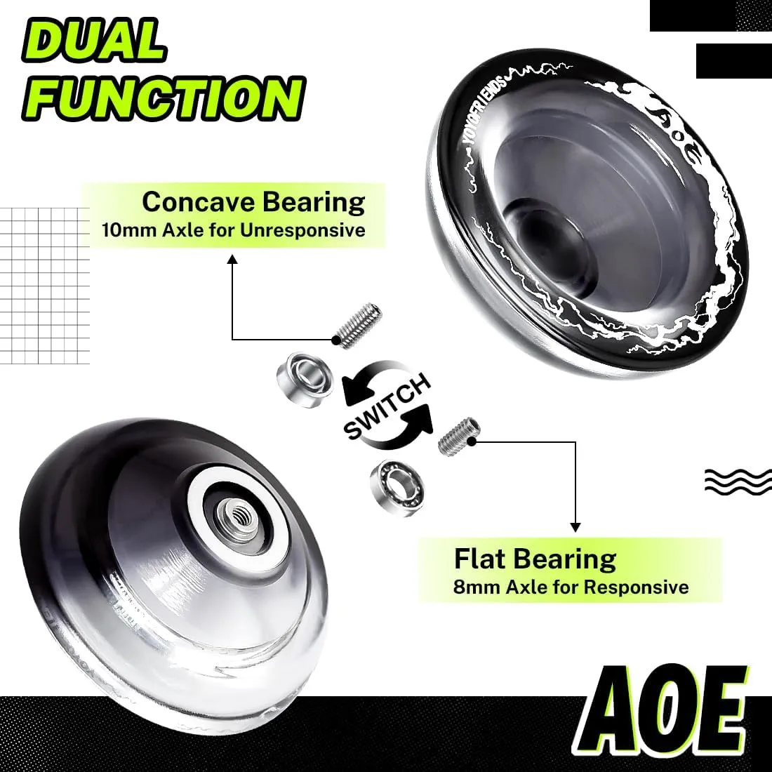 7YO AOE Responsive Yoyo - Professional Dual Function Yoyo for Kids, Plastic Crystal Yo-yo with Finger Dimple, Bearing Kits, 10 Yo Yo Strings, Bag (Black and White)