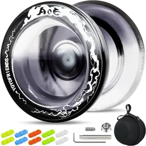 7YO AOE Responsive Yoyo - Professional Dual Function Yoyo for Kids, Plastic Crystal Yo-yo with Finger Dimple, Bearing Kits, 10 Yo Yo Strings, Bag (Black and White)