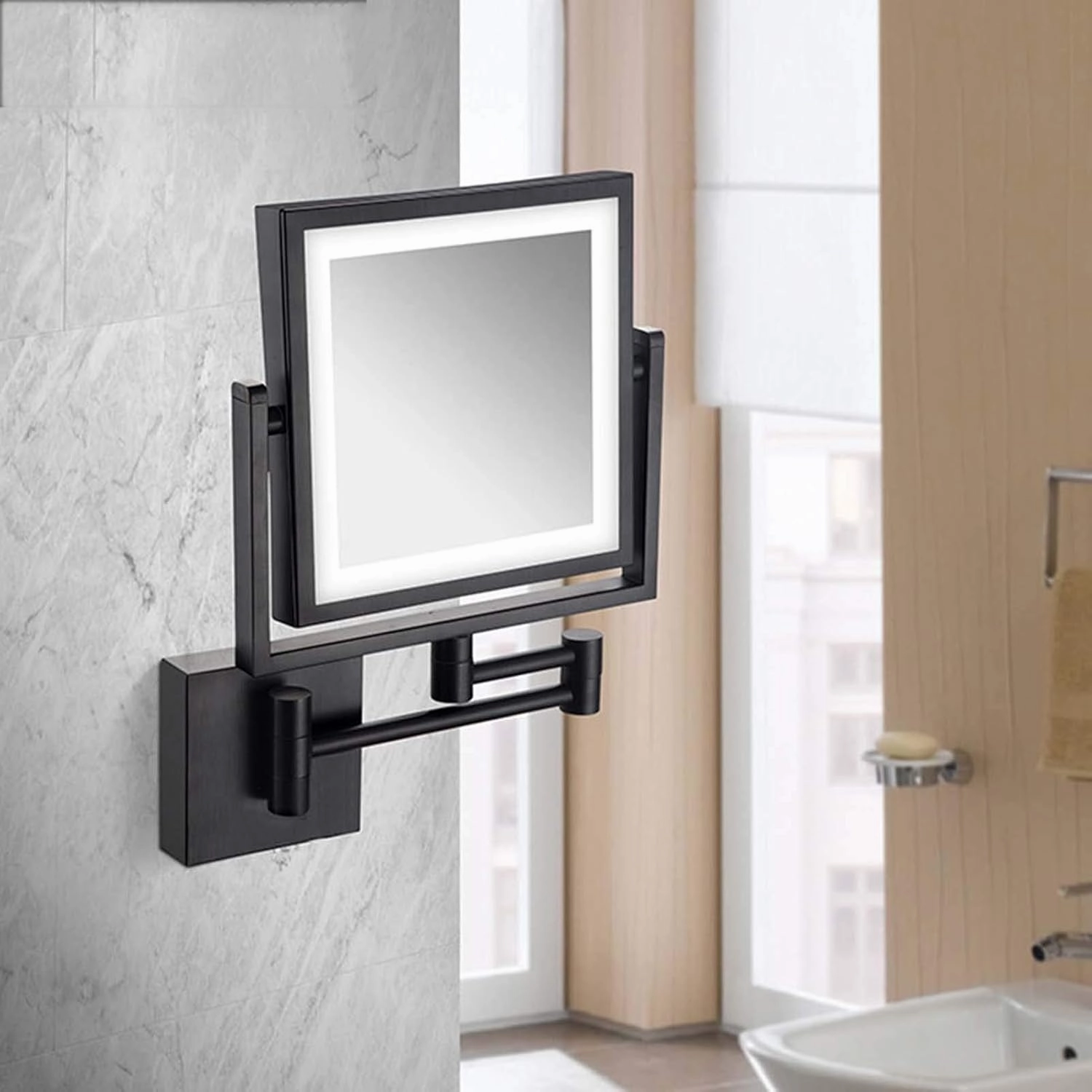8" LED Wall Mounted Makeup Mirror, 360° Swivel Extendable Cosmetic Vanity Mirror, 3X Magnifying Double Sided LED Lighted Mirror, Make-Up Mirror with Extendible Arm