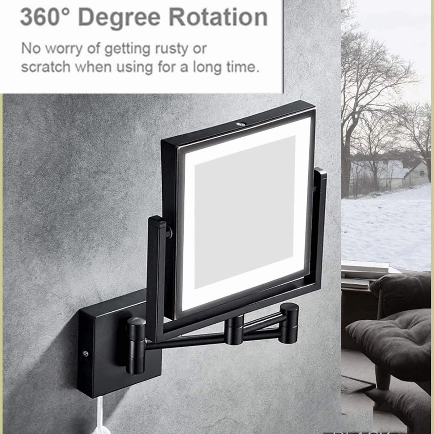 8" LED Wall Mounted Makeup Mirror, 360° Swivel Extendable Cosmetic Vanity Mirror, 3X Magnifying Double Sided LED Lighted Mirror, Make-Up Mirror with Extendible Arm