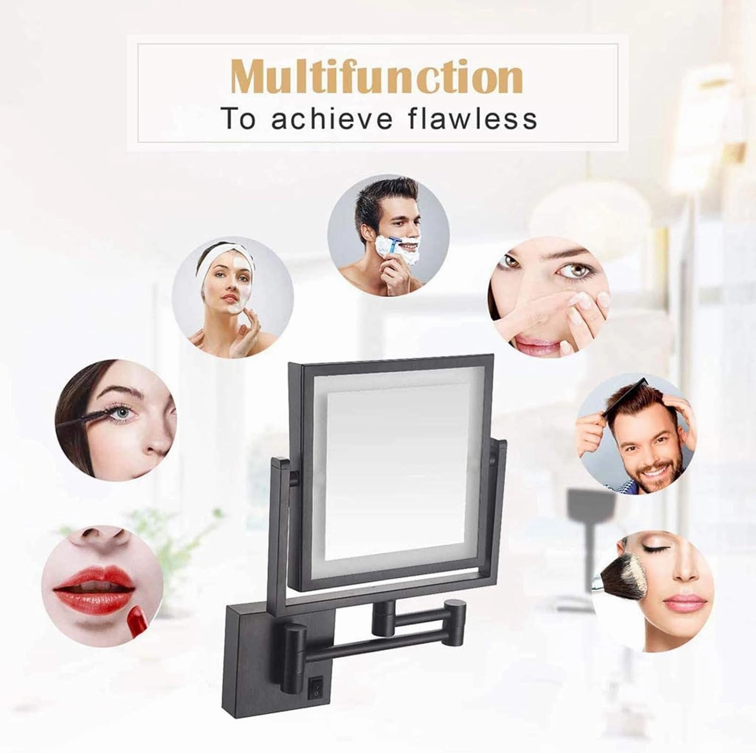 8" LED Wall Mounted Makeup Mirror, 360° Swivel Extendable Cosmetic Vanity Mirror, 3X Magnifying Double Sided LED Lighted Mirror, Make-Up Mirror with Extendible Arm