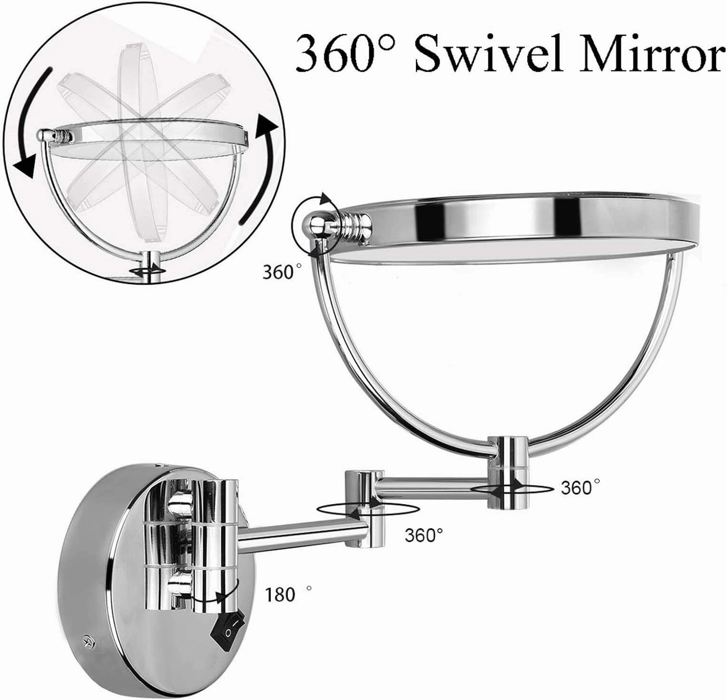 8" LED Wall Mounted Makeup Mirror, 360° Swivel Extendable Cosmetic Vanity Mirror for Bathroom, Double Sided 1X/3X/5x/7x/10x Magnifying Vanity Mirror, Chrome Finish(Nickel,10X)