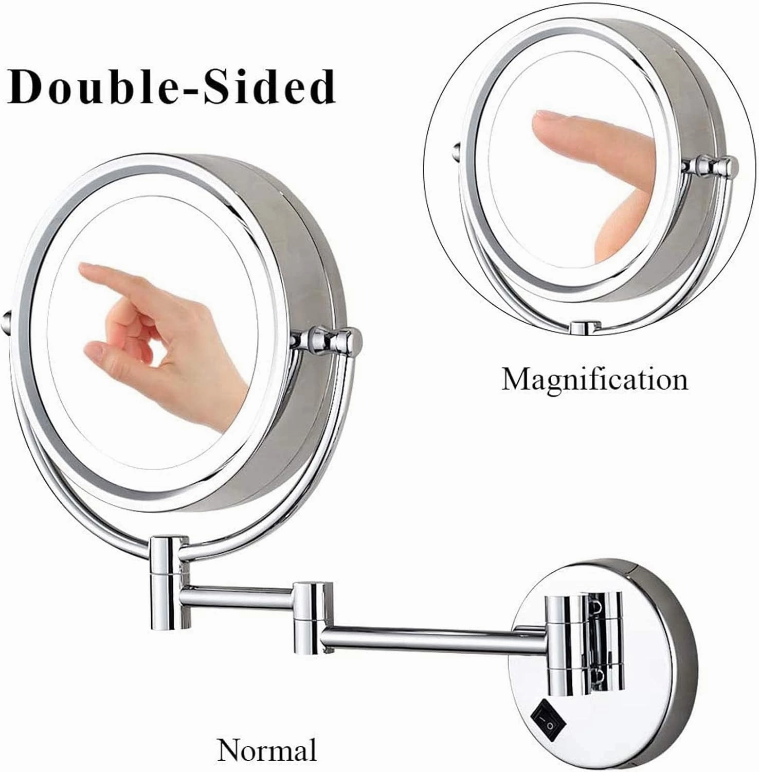 8" LED Wall Mounted Makeup Mirror, 360° Swivel Extendable Cosmetic Vanity Mirror for Bathroom, Double Sided 1X/3X/5x/7x/10x Magnifying Vanity Mirror, Chrome Finish(Nickel,10X)