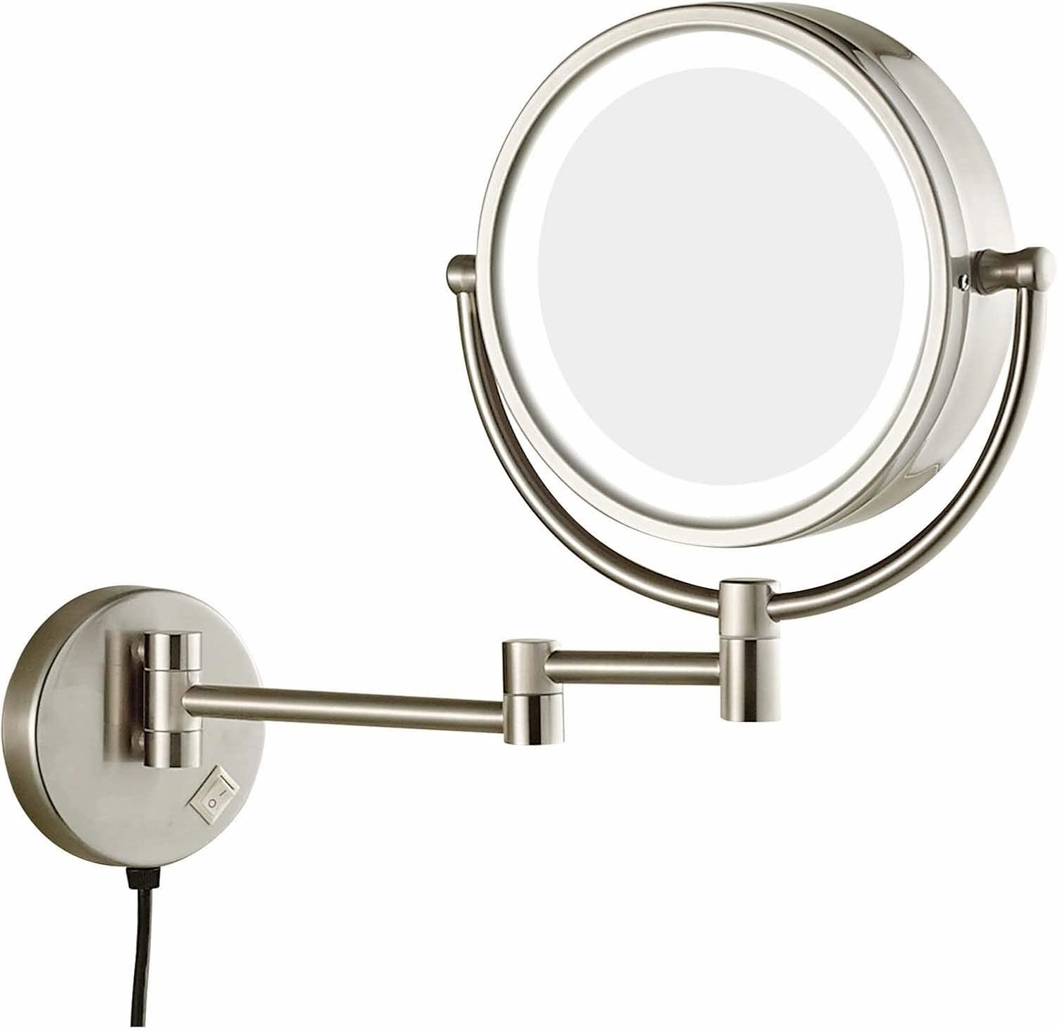 8" LED Wall Mounted Makeup Mirror, 360° Swivel Extendable Cosmetic Vanity Mirror for Bathroom, Double Sided 1X/3X/5x/7x/10x Magnifying Vanity Mirror, Chrome Finish(Nickel,10X)