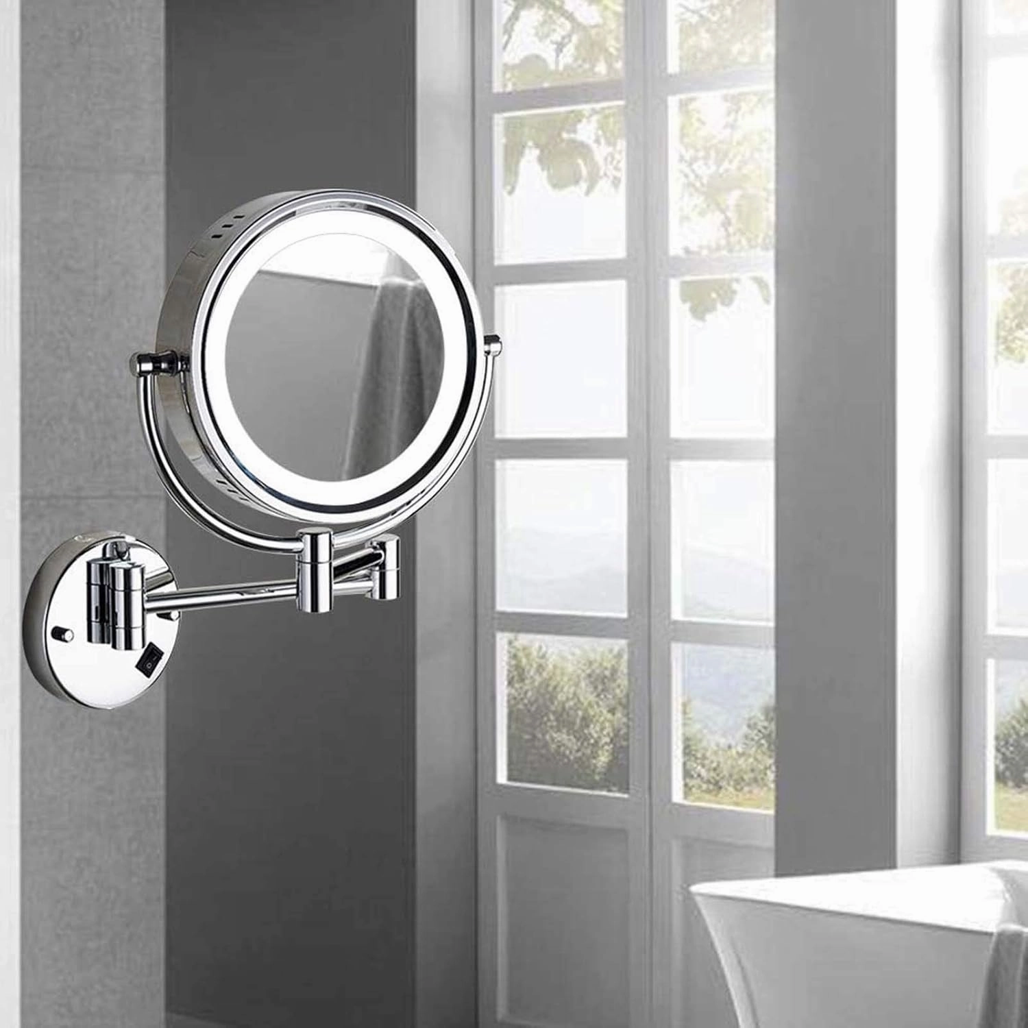 8" LED Wall Mounted Makeup Mirror, 360° Swivel Extendable Cosmetic Vanity Mirror for Bathroom, Double Sided 1X/3X/5x/7x/10x Magnifying Vanity Mirror, Chrome Finish(Nickel,10X)