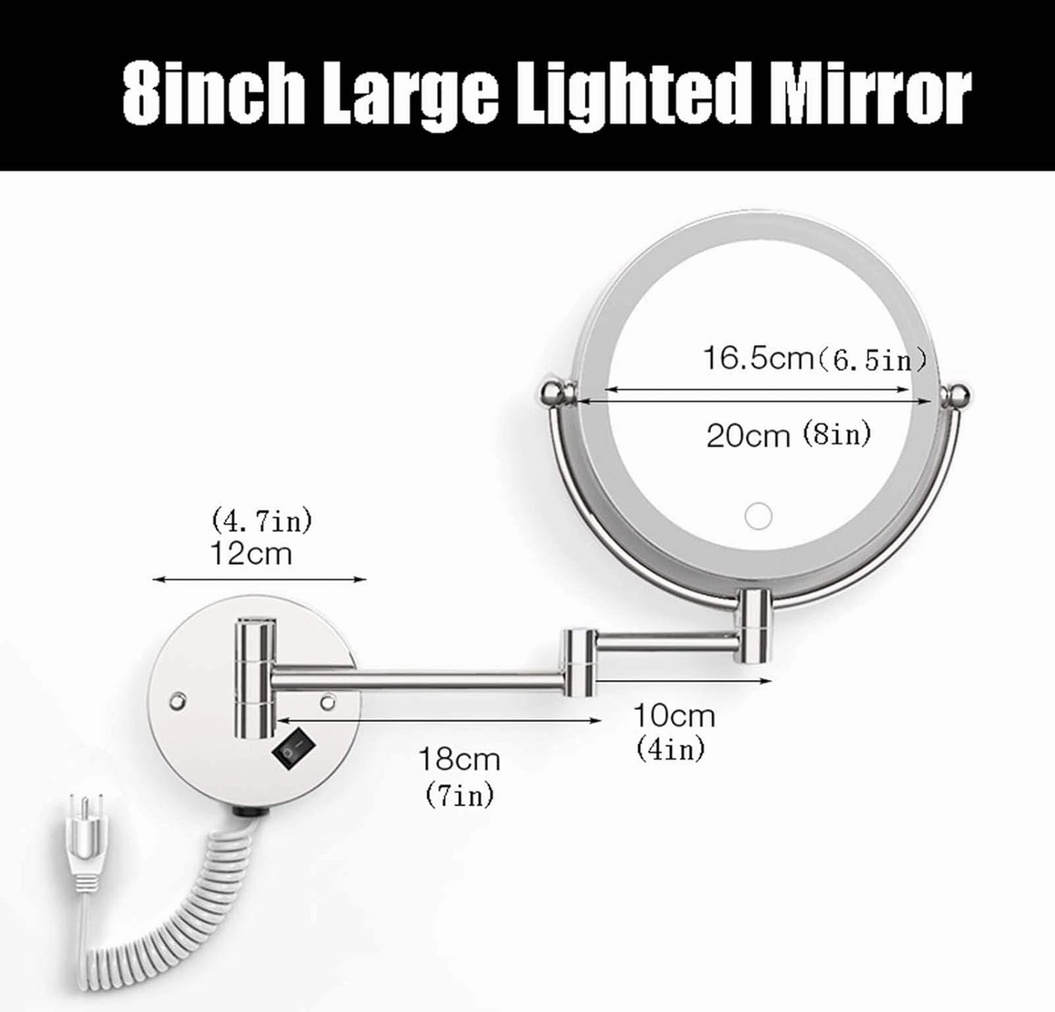 8" LED Wall Mounted Makeup Mirror, 360° Swivel Extendable Cosmetic Vanity Mirror for Bathroom, Double Sided 1X/3X/5x/7x/10x Magnifying Vanity Mirror, Chrome Finish(Nickel,10X)